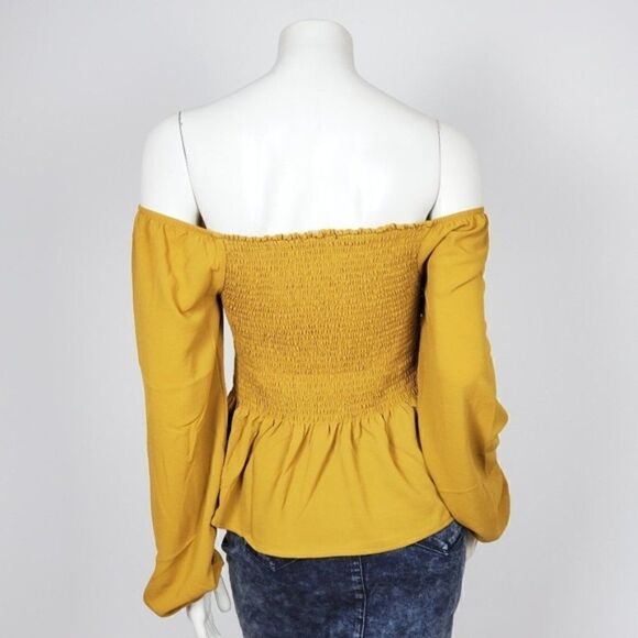 Women's Off Shoulder Mustard Long Sleeve Top Blouse - Picture 2 of 3